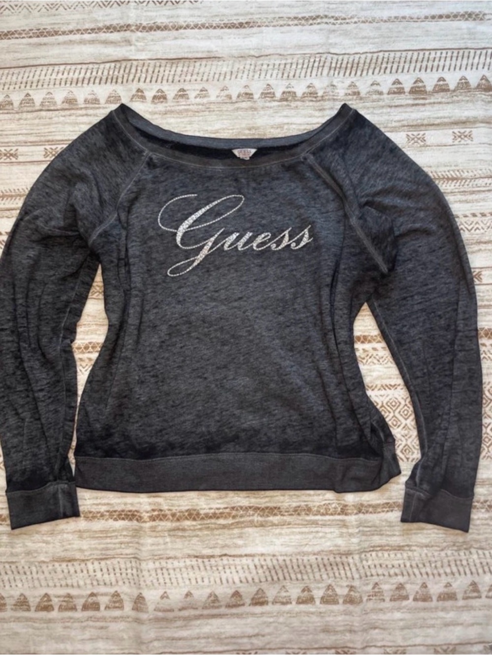 Guess Off-the-Shoulder Logo Sweater in Dark Gray